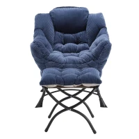 Fauteuil lounge avec pouf, accoudoirs et une poche latérale, revêtement en flanelle, 69,9x64,0x95,0 cm, Bleu marine(m-2)
