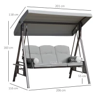 Outsunny Dondolo da Giardino 3 Posti con Tetto Regolabile, Portabicchieri e Cuscini, 208x121x172 cm, Grigio Chiaro(m-3)