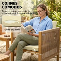 Outsunny Conjunto de Muebles de Jardín de 4 Piezas con Sofá 2 Plazas 2 Sillones Mesa de Madera Cojines y Cuerda PP Beige(m-6)