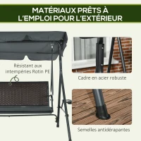 Outsunny Balancelle de jardin 3 places toit inclinaison réglable avec porte-gobelets et plateaux assise dossier ergonomique(m-6)