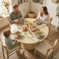 HOMCOM Table à manger ronde pour 4-6 personnes, Ø 120 x 75 cm, table de cuisine avec base cylindrique cannelée, bois naturel(m-2)