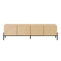 Meuble TV bas avec 4 portes à ouverture par pression, design géométrique, piètement en métal, 163,5x40x45 cm, Couleur naturelle(m-2)