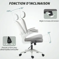 HOMCOM Chaise de Bureau Ergonomique, Fauteuil de Bureau en Maille avec Appui-Tête et Soutien Lombaire Réglables, Gris(m-9)