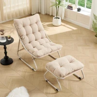 Fauteuil lounge d'extérieur avec pouf, coussin rembourré, tissu sling, structure en acier, Beige(m-1)