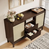 Buffet bas avec portes coulissantes et tiroirs, effet color-block, tablettes réglables, 150x39,5x80 cm, Couleur naturelle(m-6)