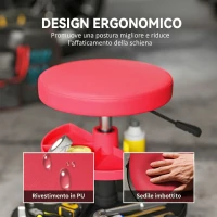 HOMCOM Sgabello da Officina con Ruote da 6 cm, Capacità fino a 135 kg, Altezza Regolabile 40-51 cm, con Vassoi Porta Utensili, Rosso(m-6)