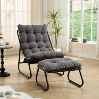 Fauteuil lounge d'extérieur avec pouf, coussin rembourré, tissu sling, structure en acier, Gris(m-1)