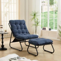 Fauteuil lounge d'extérieur avec pouf, coussin rembourré, tissu sling, structure en acier, Bleu marine(m-1)