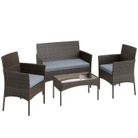 Outsunny Conjunto Muebles Jardín de Ratán Sintético con Sofá Sillones y Mesa de Vidrio Templado y Cojines Marrón y Gris(m-1)
