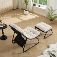 Fauteuil lounge d'extérieur avec pouf, coussin rembourré, tissu sling, structure en acier, Blanc(m-5)