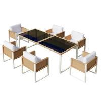 Ensemble repas en résine tressée pour 6 personnes, plateau en verre trempé, housses amovibles et lavables, Marron+Blanc(m-11)