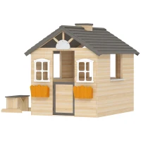 Outsunny speelhuis voor kinderen, houten kinderspeelhuis met raam, brievenbus, buitentuin speelhuis met bloempottenrek, houten speelhuis voor 3-7 jaar, dennenhout, naturel, 113 x 94 x 134,5 cm(m-12)