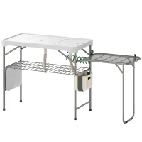 Outsunny Mesa de Limpieza de Pescado Plegable Portátil con 2 Fregaderos Grifo Manguera Estante Lateral Cesta y Ranuras Blanco(m-11)