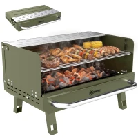 Outsunny Barbacoa de Carbón Plegable 52x37x31,8 cm con Rejilla Ajustable Estante Lateral Plegable y Bandeja Extraíble Verde(m-10)