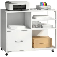 HOMCOM Mueble para Impresora con Ruedas Mesa para Impresora con Estantes Abiertos y Cajón para Documentos Tamaño A4 Blanco(m-10)