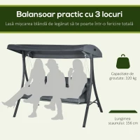 Outsunny Leagăn de grădină pentru 3 persoane cu acoperiș reglabil, din oțel și poliester, 202x115x168 cm, gri închis(m-4)
