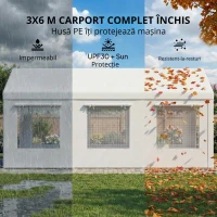 Outsunny Adăpost Auto Cort Garaj Protecție UV30+ Înălțime Reglabilă 6 Ferestre cu Plasă 3x6m Alb(m-5)