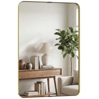 HOMCOM Rectangular Wall Mirror, 90 x 60 cm Wall Mounted Bathroom Mirror w/ Aluminium Alloy Frame and Tempered Glass, Gold Tone(m-10)