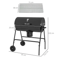 Outsunny Metalen Houtskoolbarbecue BBQ Smoker met Deksel Thermometer Wielen Grillwagen 95x71,5x102 cm Zwart(m-3)