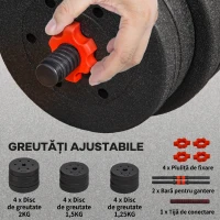 HOMCOM Set 2 Gantere Antialunecare cu 12 Discuri de Greutăți, 20 kg în total și Conector, din Oțel, HDPE și Nisip, Negru(m-6)