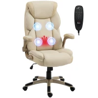 HOMCOM Silla de Oficina con Masaje Vibratorio de 4 Puntos Calor Lumbar Brazos Abatibles Respaldo Alto Altura Ajustable Crema(m-10)