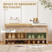 HOMCOM Banc chaussures entrée, banc de rangement, assise rembourrée en lin, 2 tiroirs en rotin et étagère ouverte, chêne(m-5)