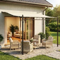 Outsunny Pérgola de Pared 2,5x3,5 m con Techo Inclinado Orificios de Drenaje y Estructura Metálica Blanco Crema(m-8)