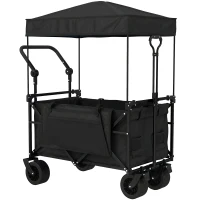 Outsunny Carro de Jardín Plegable con Ruedas Grandes Bloqueables Barra Ajustable Portavasos para Campaña 125x59x133 cm Negro(m-1)