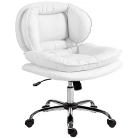 HOMCOM Silla de Oficina Piernas Cruzadas con Asiento Ancho Ruedas Altura Ajustable Doble Acolchado Función Basculante Blanco(m-11)