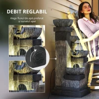 Outsunny Fântână de grădină în cascadă, energie solară, fântână de apă 4 niveluri cu lumini LED, rășină, 38 x 36 x 85 cm, gri(m-7)