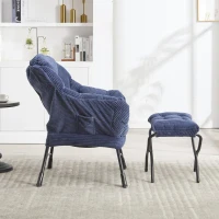 Fauteuil lounge avec pouf, accoudoirs et une poche latérale, revêtement en flanelle, 69,9x64,0x95,0 cm, Bleu marine(m-5)