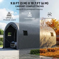 Outsunny Garaj Exterior pentru Mașină 3x6 m Impermeabil cu Țesătură PE Rezistentă Cadru din Metal Galvanizat UPF 30+ Gri Închis(m-7)