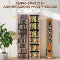 HOMCOM Scaffale Porta CD con 6 Ripiani Regolabili, Capacità di 260 CD/120 DVD, 33x24x140 cm, Color Legno(m-4)