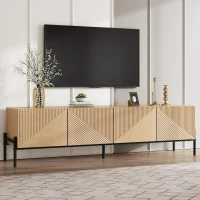 Meuble TV bas avec 4 portes à ouverture par pression, design géométrique, piètement en métal, 163,5x40x45 cm, Couleur naturelle(m-1)