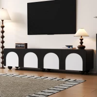 Meuble TV avec 2 tiroirs et 2 portes, pieds ronds ,180X38X45 cm, Noir+Blanc(m-4)