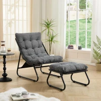 Fauteuil lounge d'extérieur avec pouf, coussin rembourré, tissu sling, structure en acier, Gris(m-1)