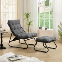 Fauteuil lounge d'extérieur avec pouf, coussin rembourré, tissu sling, structure en acier, Gris(m-4)