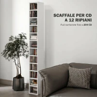 HOMCOM Mobile Libreria Porta CD a 12 Ripiani per 204 CD, in MDF e Truciolato, 21x20x175 cm, Bianco(m-4)