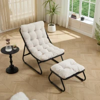 Fauteuil lounge d'extérieur avec pouf, coussin rembourré, tissu sling, structure en acier, Blanc(m-1)