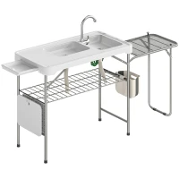 Outsunny Mesa de Limpieza de Pescado Plegable Portátil con 2 Fregaderos Grifo Manguera Estante Lateral Cesta y Ranuras Blanco(m-1)