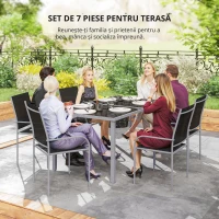 Outsunny Set de mobilier de grădină 6 scaune + 1 masă din oțel salon de grădină 7 piese scaune empilabile placă din sticlă securizată negru(m-6)