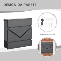 HOMCOM Cassetta Postale in Acciaio Zincato con Portagiornali e 2 Chiavi di Sicurezza, 37x10.5x37 cm, Grigio(m-6)