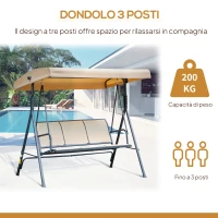 Outsunny Dondolo da Giardino a 3 Posti con Tettuccio, Seduta Traspirante e Telaio in Acciaio, Beige(m-6)