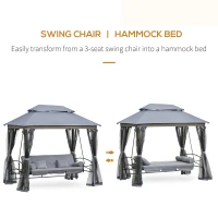 Outsunny 3 Seater Swing Chair 3-in-1 Convertible Garden Swing Seat Bed Gazebo Patio Bench Outdoor with Double Tier Canopy, Cushioned Seat, Mesh Sidewalls, Grey(m-5)