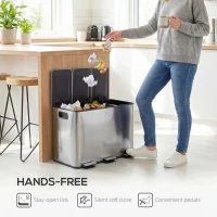 HOMCOM 3 x 20L Pedal Bin, Steel Triple Kitchen Bin with Soft Close Lid, Removable Inner Buckets, Fingerprint-Proof, Silver Tone(m-6)