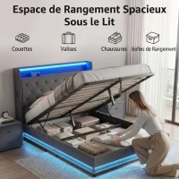 HOMCOM Lit coffre 140x190cm éclairage LED et station de charge cadre de lit double rembourré lin rangement hydraulique gris(m-4)