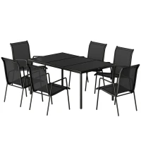 Outsunny Salon de Jardin 6 Personnes Ensemble Table et Chaises Jardin avec Chaises Empilables en Textilène 70x51x87cm Noir(m-1)