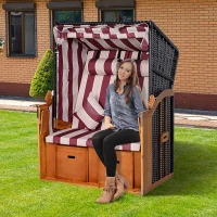 Outsunny Corbeille de plage 2 places - Cabine chaise de plage inclinable - abri plage strandkorb - coussins, repose-pieds, tablettes, pare-soleil - bois résine tressée polyester beige bordeaux(m-10)