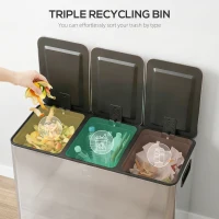 HOMCOM 3 x 20L Pedal Bin, Steel Triple Kitchen Bin with Soft Close Lid, Removable Inner Buckets, Fingerprint-Proof, Silver Tone(m-4)