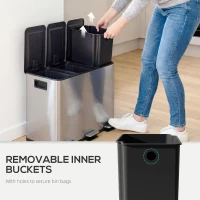 HOMCOM 3 x 20L Pedal Bin, Steel Triple Kitchen Bin with Soft Close Lid, Removable Inner Buckets, Fingerprint-Proof, Silver Tone(m-7)